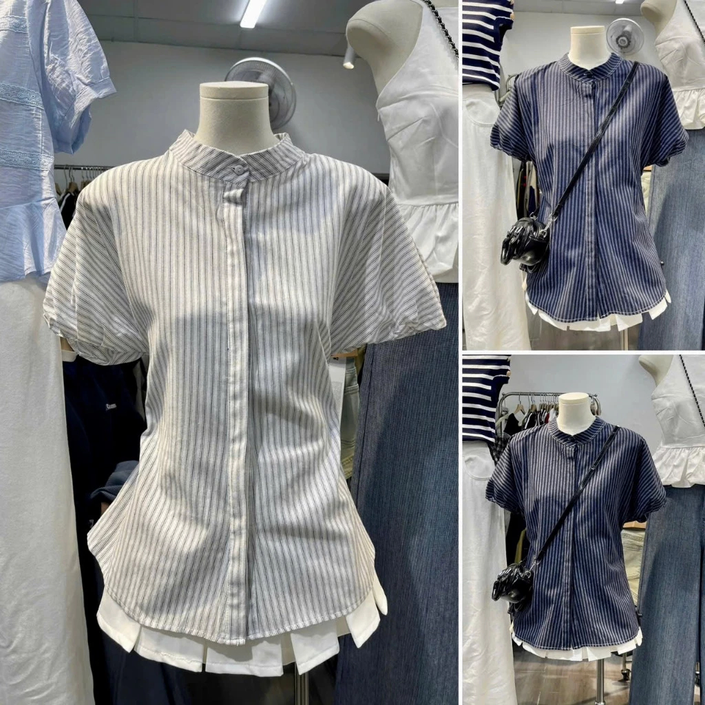 Áo Sơ Mi Tay Bồng Có Dây Rút Eo, Cổ Tàu Kẻ Sọc Xinh Xắn by BUN222 | BigBuy360 - bigbuy360.vn