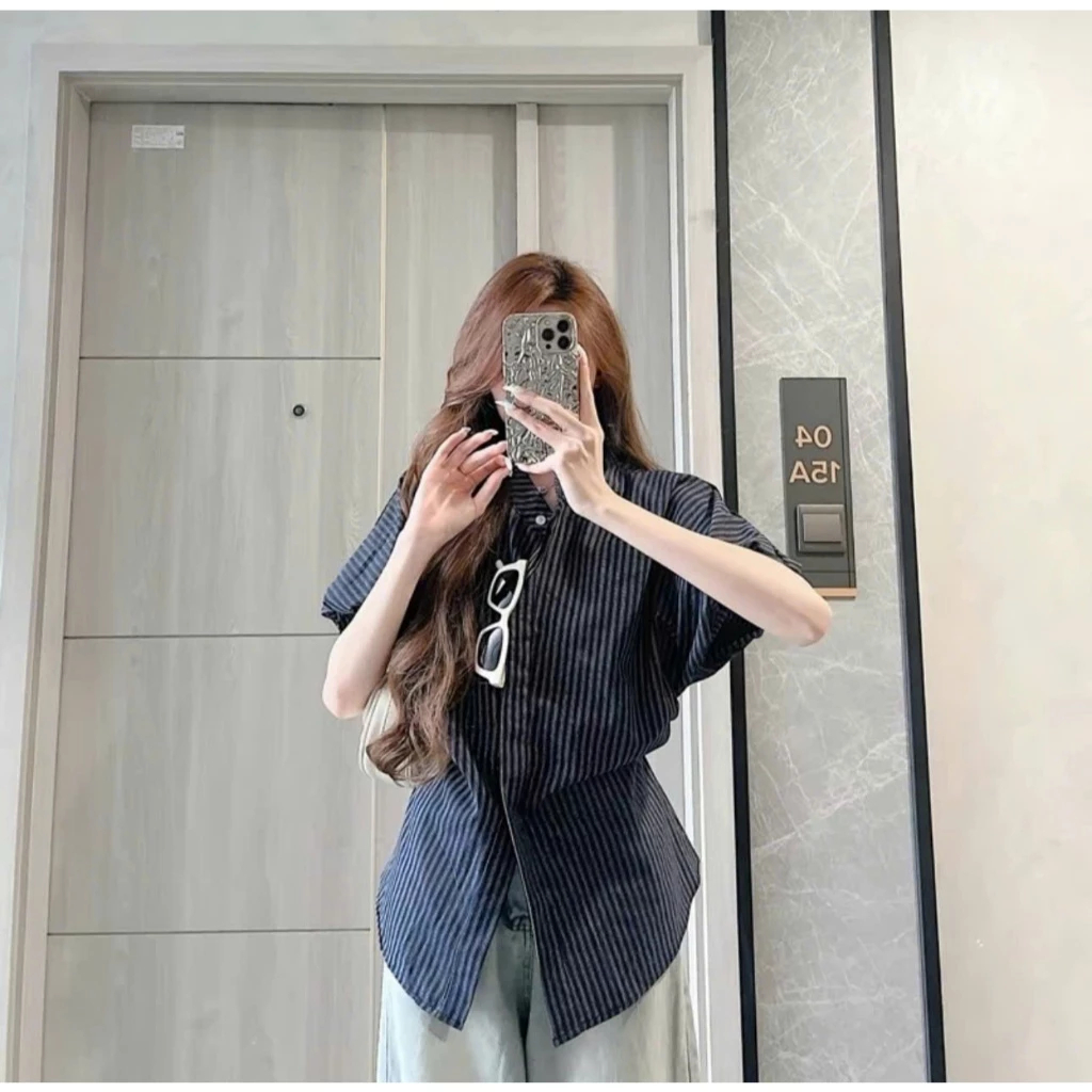 Áo Sơ Mi Tay Bồng Có Dây Rút Eo, Cổ Tàu Kẻ Sọc Xinh Xắn by BUN222 | BigBuy360 - bigbuy360.vn