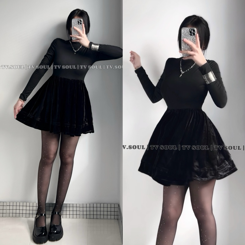[CÓ SẴN, ẢNH THẬT] 𝐓𝐕 𝐒𝐎𝐔𝐋 Đầm tay dài váy nhung