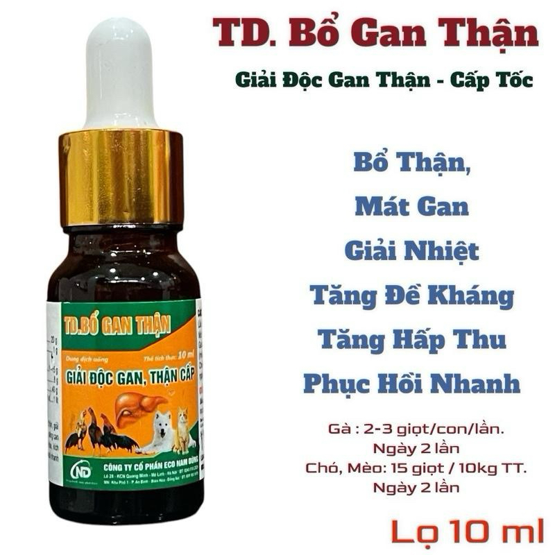 Bổ Gan Thận, Giải Độc Gan Thận Cấp Tốc (10ml) mát gan, giải nhiệt cho gà đá, gà chọi, chó, mèo