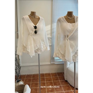 |Khositl| set áo voan tay dài nude tay dài nút ngọc + áo crop 2 dây + chân váy ren hoa bí