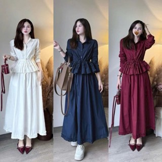  Set đồ nữ Áo sơ mi dài tay kiểu nhún eo mix chân váy dáng xòe viền bèo thanh lịch huong97.store 