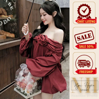 Váy trễ vai babydoll,váy phối hoa ngực dài tay bánh bèo tiểu thư - Tú Anh Shop