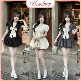Váy xoè ngắn tay phồng mix nơ trước ngực phong cách tiểu thư xinh xắn, sang trọng - Kim Dung Fashion Store