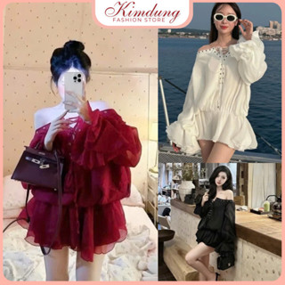 Đầm trễ vai babydoll đi biển nữ phối hoa 3D ở tay đan dây tiểu thư hàng 2 lớp phong cách tiểu thư xinh xắn đi du lịch