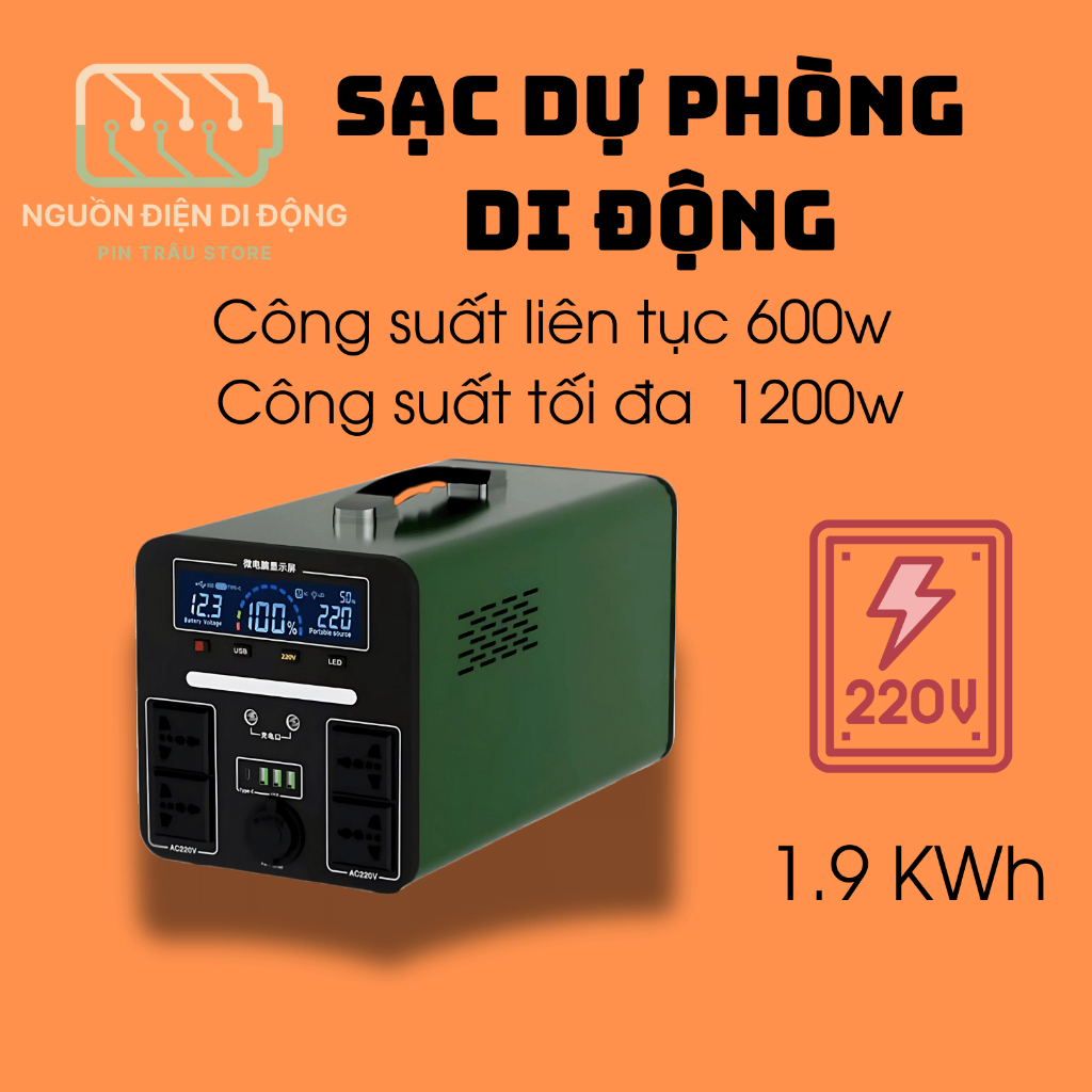 🔋 Trạm Sạc Dự Phòng 1200W ⚡, 1.9 KWH Pin Siêu Trâu - Dùng Cho Laptop, Quạt, Đèn, Livestream, Cắm Trạ