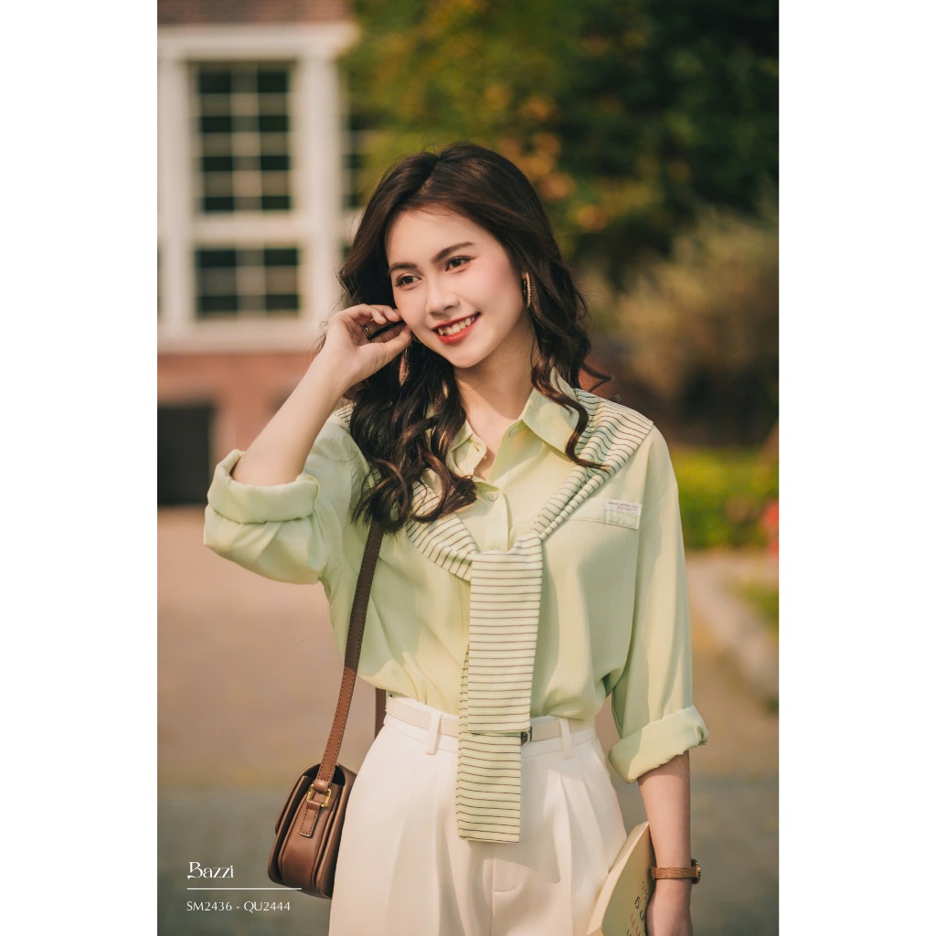 Sơmi basic phối khăn liền thiết kế Bazzi - Ảnh thật tự chụp