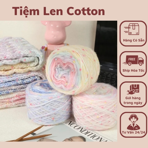 Len PomPom Dệt Kim Cầu Vồng-len sợi to đan khăn len đan mũ,khăn 150g