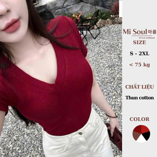 Áo Thun Cộc Tay Cổ Tim Nữ Chất Cotton Mềm Mại BigSize Misoul, Áo Thun Trơn Cổ V Bassic  406