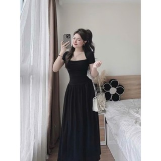 Váy nữ, Đầm nữ, Váy body dáng dài cổ vuông nhún eo tôn dáng che khuyết điểm 40-90kg_Có Bigsize