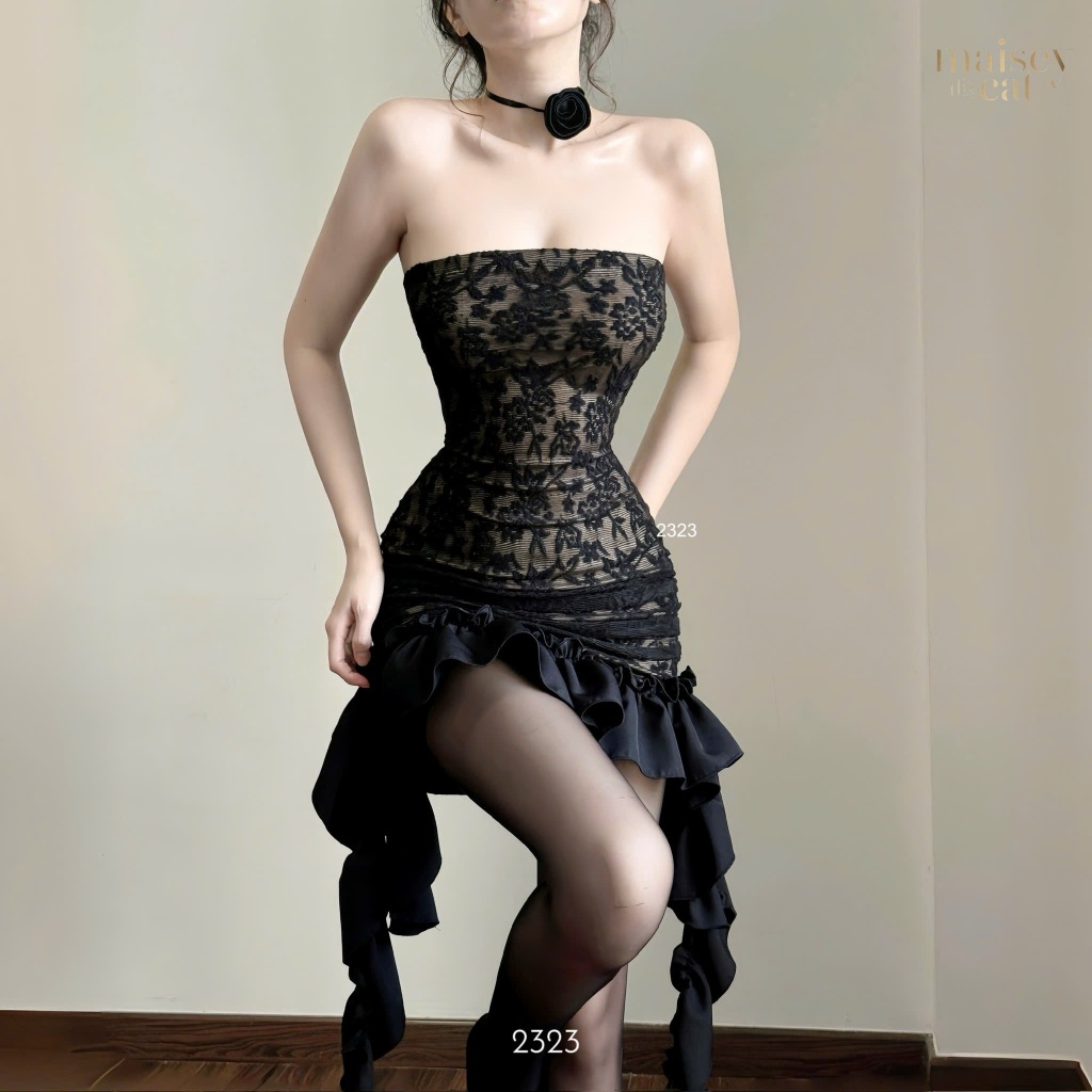 [MAISEY 2323] ĐẦM REN ỐNG HOẠ TIẾT NỔI BÈO TUA RUA