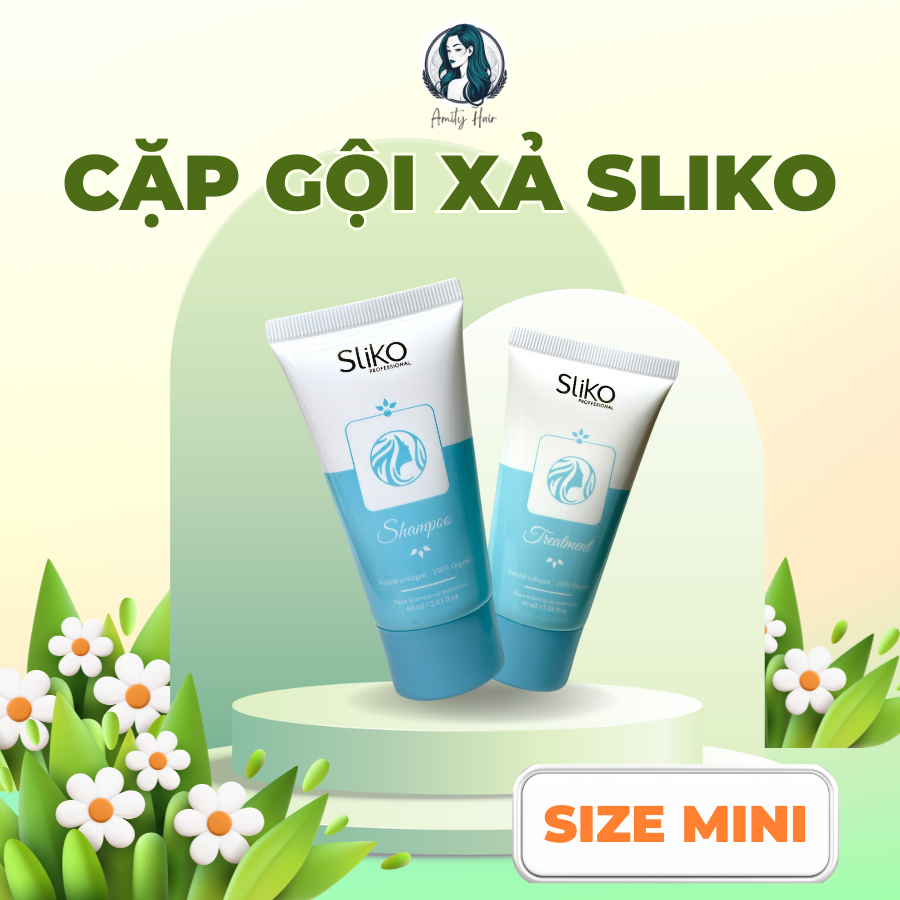 Dầu gội, cặp gội xả phục hồi tóc hư tổn khô xơ SLIKO, Amity Hair 60ml gội test dưỡng tóc bảo vệ tóc