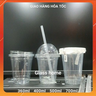 Cốc nhựa dùng 1 lần 400ml 500ml 50 cái cốc nhựa PET cứng nắp cầu nắp phẳng