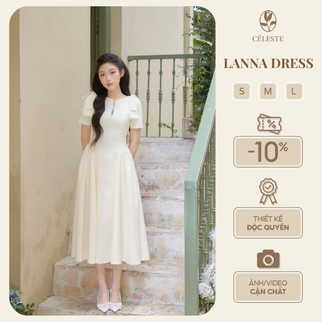CÉLESTE - Váy Đầm Tiểu Thư Dáng Dài Xoè Phối Nơ Vai Vải Chéo Nhật Mềm Lanna Dress