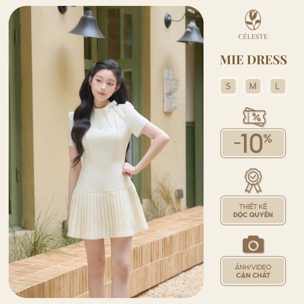 [HOẢ TỐC] CÉLESTE - Váy Đầm Tiểu Thư Xếp Ly Nhỏ Cổ Đính Nơ Lệch Vải Chéo Nhật Mềm Mie Dress
