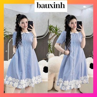 Đầm Bầu Váy Bầu Vải Thô Mềm Tay Phồng Cổ Sen Kẻ Sọc Chân Váy Hoa Ren Mặc Đi Làm Đi Chơi Mùa Hè