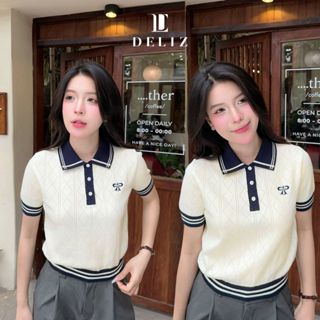 DELIZ - Áo len ngắn tay cho nữ mùa hè dệt kim quả trám thêu nơ tiểu thư len lông thỏ PL22
