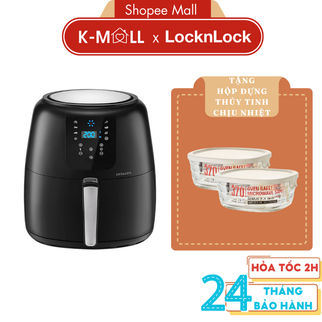 Nồi chiên không dầu LocknLock Super Jumbo 7.2L EJF296BLK màu đen , tặng kèm chảo nướng - K-MALL