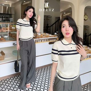 DELIZ - Áo len mùa hè ngắn tay cổ sen phối viền kẻ len lông thỏ mềm tiểu thư PL26 cao cấp