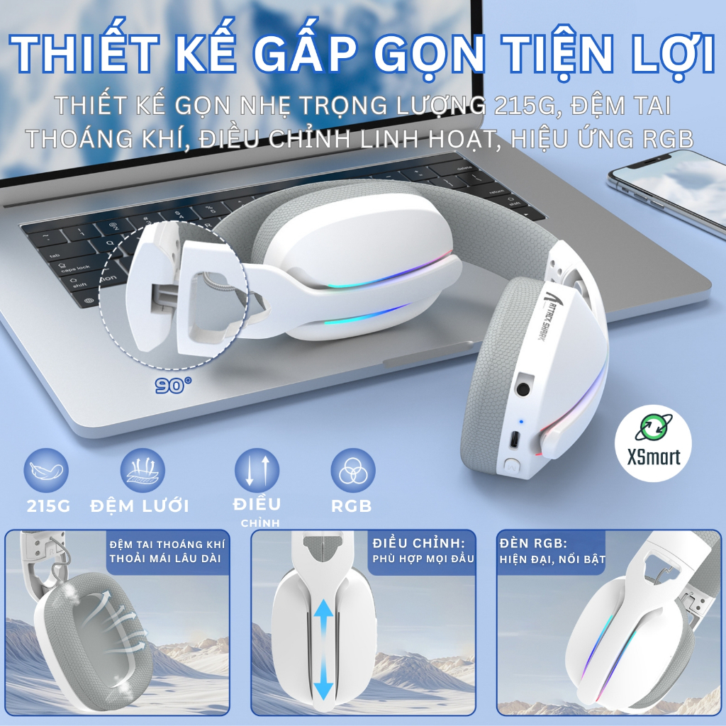 Tai Nghe Gaming Chụp Tai Không Dây Attack Shark L90 LED RGB Micro, Bluetooth 5.3, App Macro, Pin Sạc | BigBuy360 - bigbuy360.vn