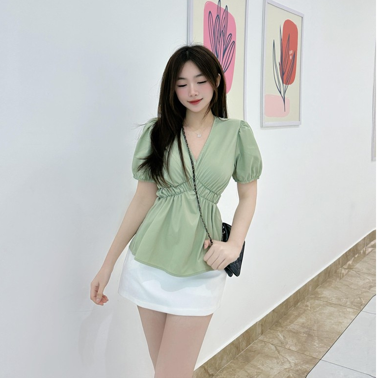 MS086 Áo sơ mi nữ kiểu babydoll bo chun thân cộc tay dễ thương chất thô mềm mát thấm hút mồ hôi | BigBuy360 - bigbuy360.vn