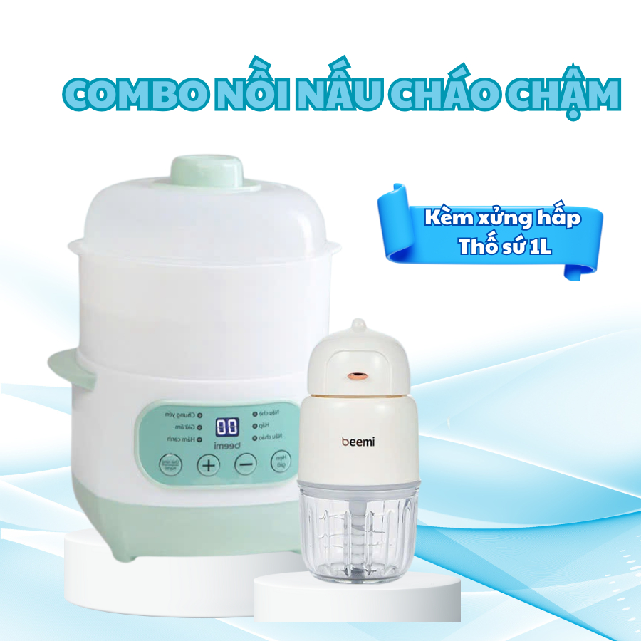 Combo Nồi Nấu Cháo Chậm Beemi 1L và Máy Xay Ăn Dặm 8L