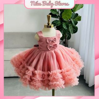 Váy công chúa 2 dây bồng bềnh cho bé, đầm công chúa mùa hè phối nơ xinh yêu cho bé gái