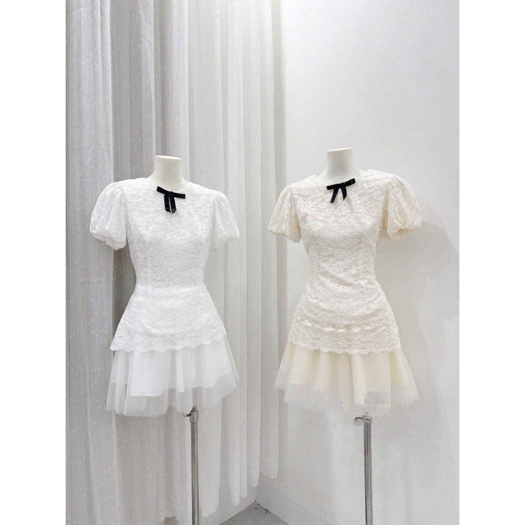 Set Áo Ren 2 Màu Đính Nơ Đen, Cổ Tròn Tay Bồng Mix Chân Váy Lưới Tơ 4 Lớp Dáng Ngắn Bồng Bềnh Style Nàng Thơ (Ảnh Thật) | BigBuy360 - bigbuy360.vn