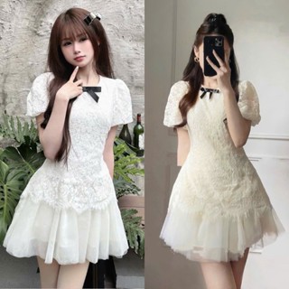 Set Áo Ren 2 Màu Đính Nơ Đen, Cổ Tròn Tay Bồng Mix Chân Váy Lưới Tơ 4 Lớp Dáng Ngắn Bồng Bềnh Style Nàng Thơ (Ảnh Thật)