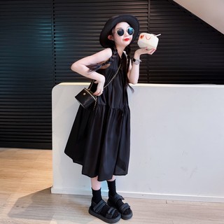  3-14Y Váy bé gái mùa hè mới trẻ em lớn váy vest đen trẻ em phong cách Hàn Quốc váy cổ yếm 
