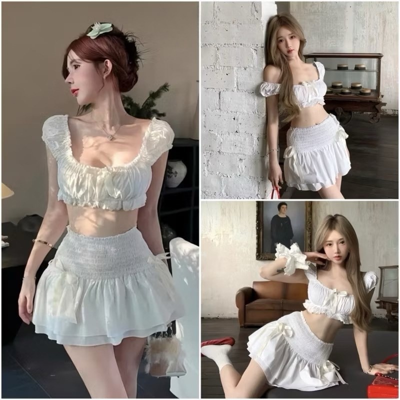 Sét Váy Nữ 3 Món Mát Mẻ Áo Croptop Cổ Vuông + Chân Váy Cạp Chun Dáng Xoè + Quần Bảo Hộ (LA145)