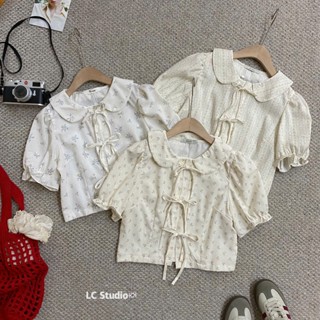 Áo kiểu ngắn tay hoa nhí cổ sen buộc nơ XONXEN PHAN CHÂU TRINH mã A745