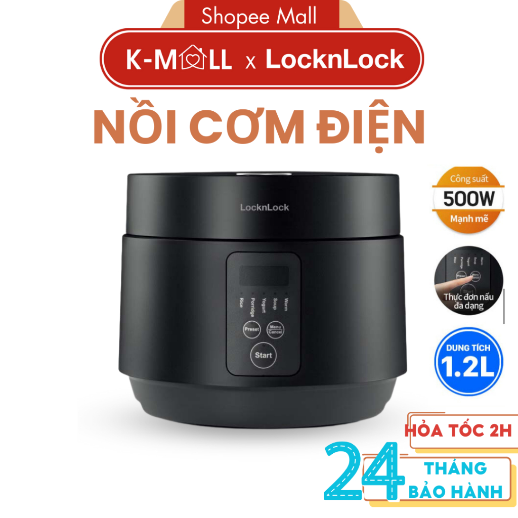 Nồi cơm điện LocknLock Compact Rice Cooker 1.2L EJR346BLK màu đen, có 5 chế độ nấu đa năng - K-MALL