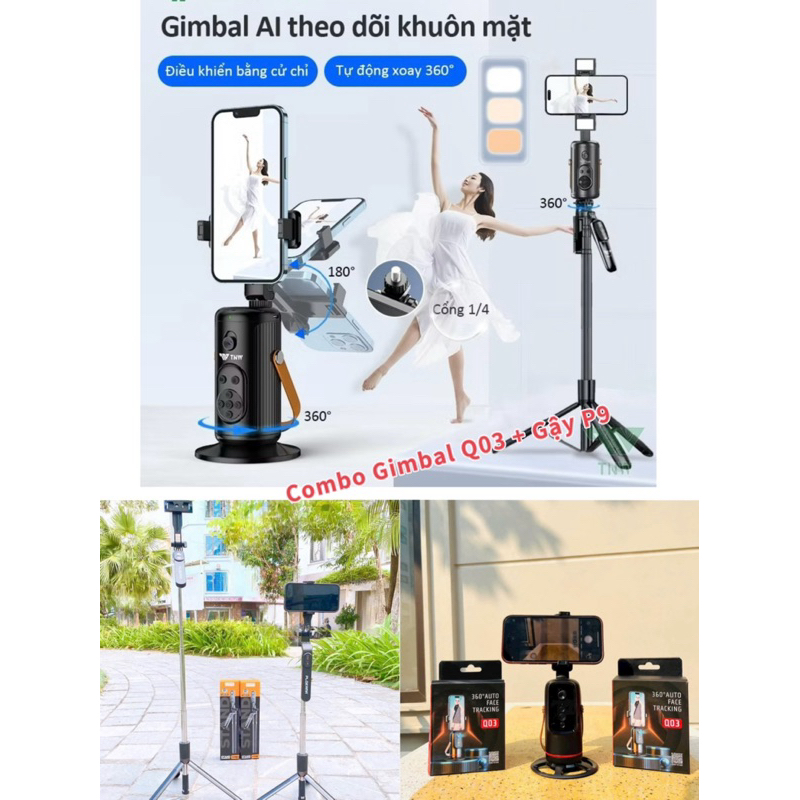 ✅ Combo Gimbal Q03 + Gậy selfie kiêm tripod P180 dài 1m8 cao cấp