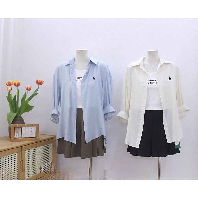 S38 SƠ MI SỌC TAY DÀI, FORM RỘNG THÊU HÌNH