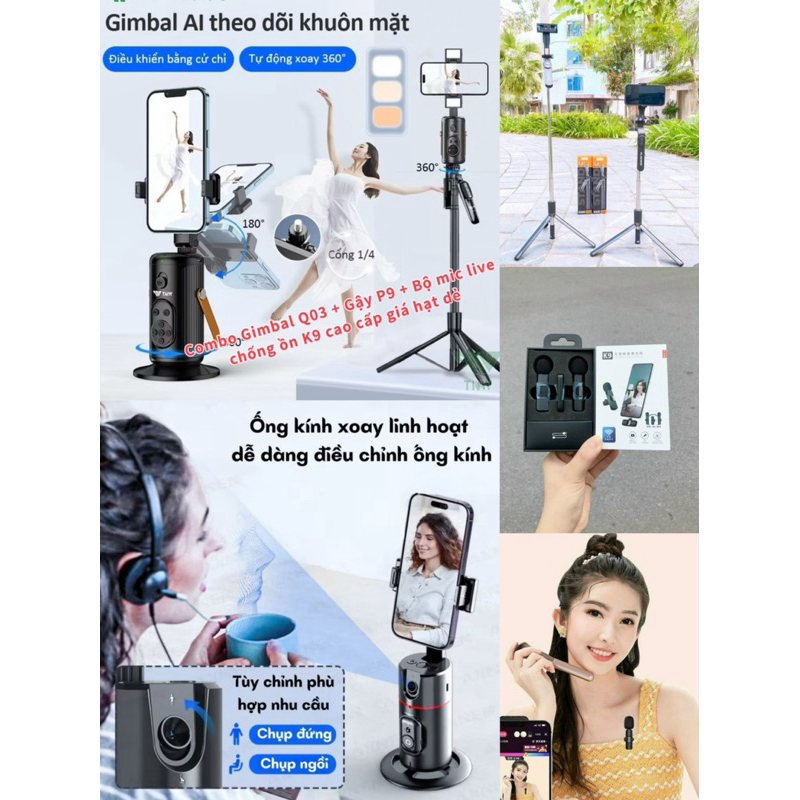 ✅ Combo Gimbal Q03 + Gậy selfie kiêm tripod P180 dài 1m8 + Bộ mic live K9 chống ồn cao cấp