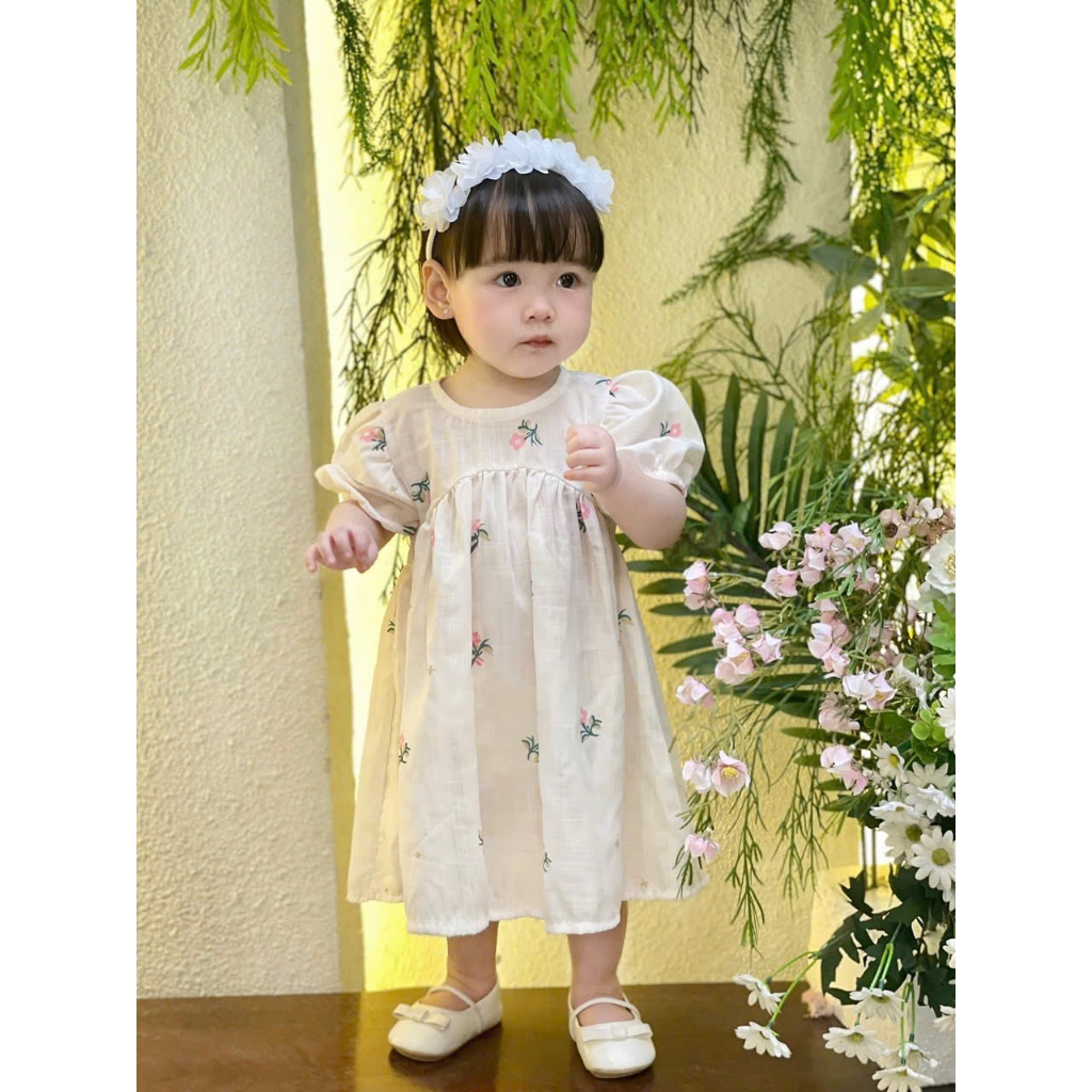 Váy cộc tay cho bé gái từ 7 đến 40kg, chất linen tưng mềm mát/ VÁY LINEN TƯNG IN HOA TÍM