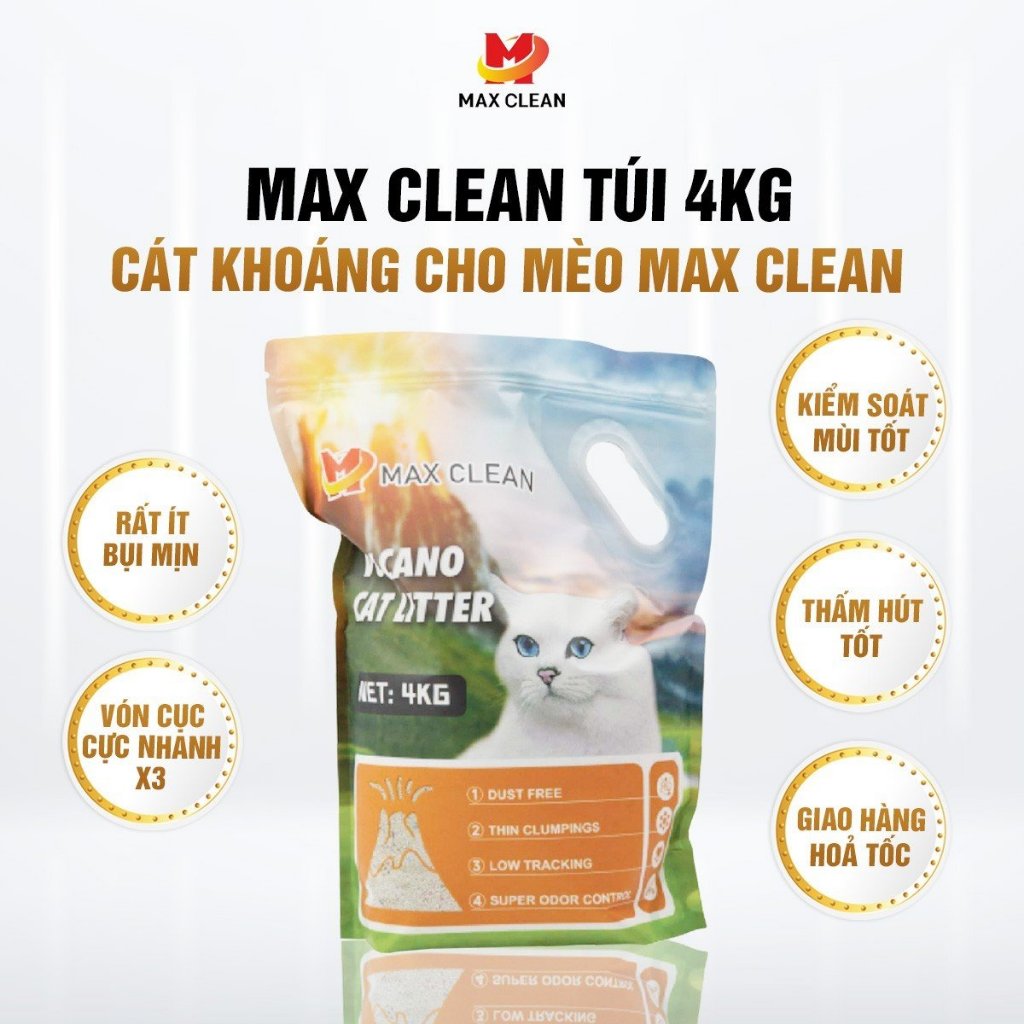 Cát Đá Khoáng Núi Lửa Volcanic Max Clean, máy vệ sinh cho mèo 4Kg siêu vón không bụi - Max Clean