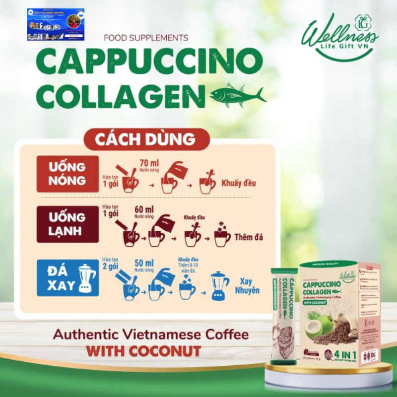 Cà Phê ( cafe ) Dừa Capuchino Collagen Giúp Tỉnh Táo Và Đẹp Da (20 gói x 18g)
