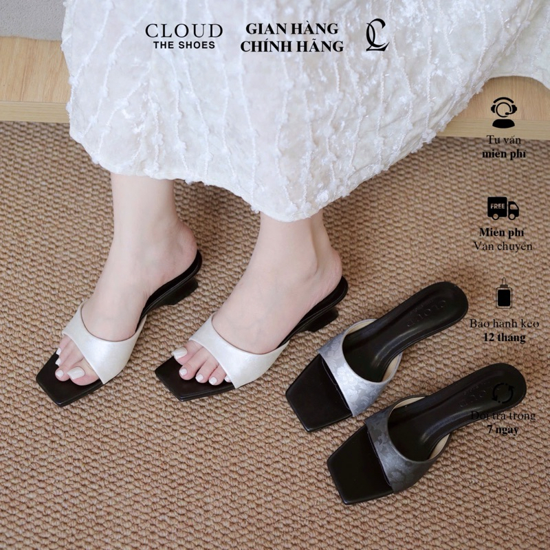 Guốc đế xuồng CL mũi vuông quai bầu vải gấm đế 5cm