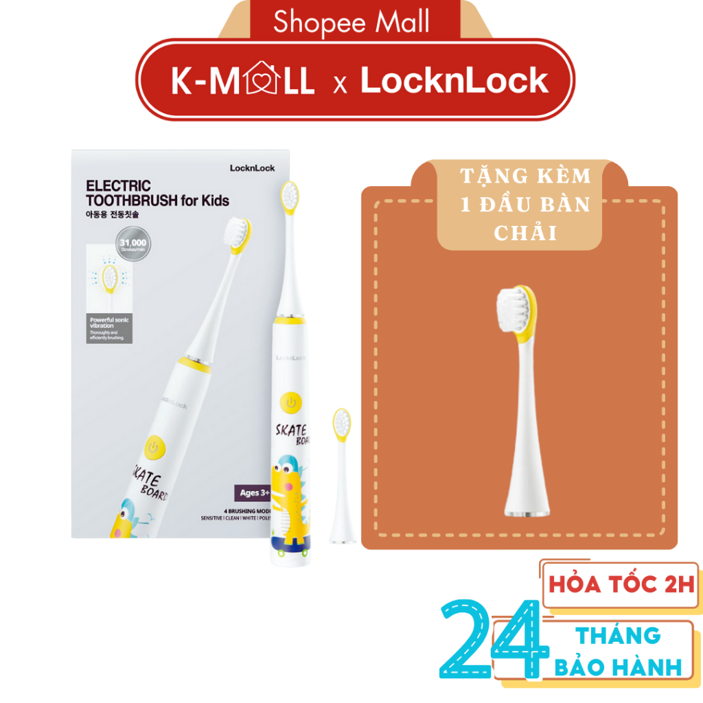 Bàn chải đánh răng điện Lock&Lock ENR226WHT - Trắng, chống nước IPX7, pin sạc lithium 4320 phút