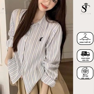 Áo sơ mi nữ tay dài kẻ sọc xanh thêu tay ulzzang QC cao cấp thời trang phong cách dễ phối đồ - ST Design - A04