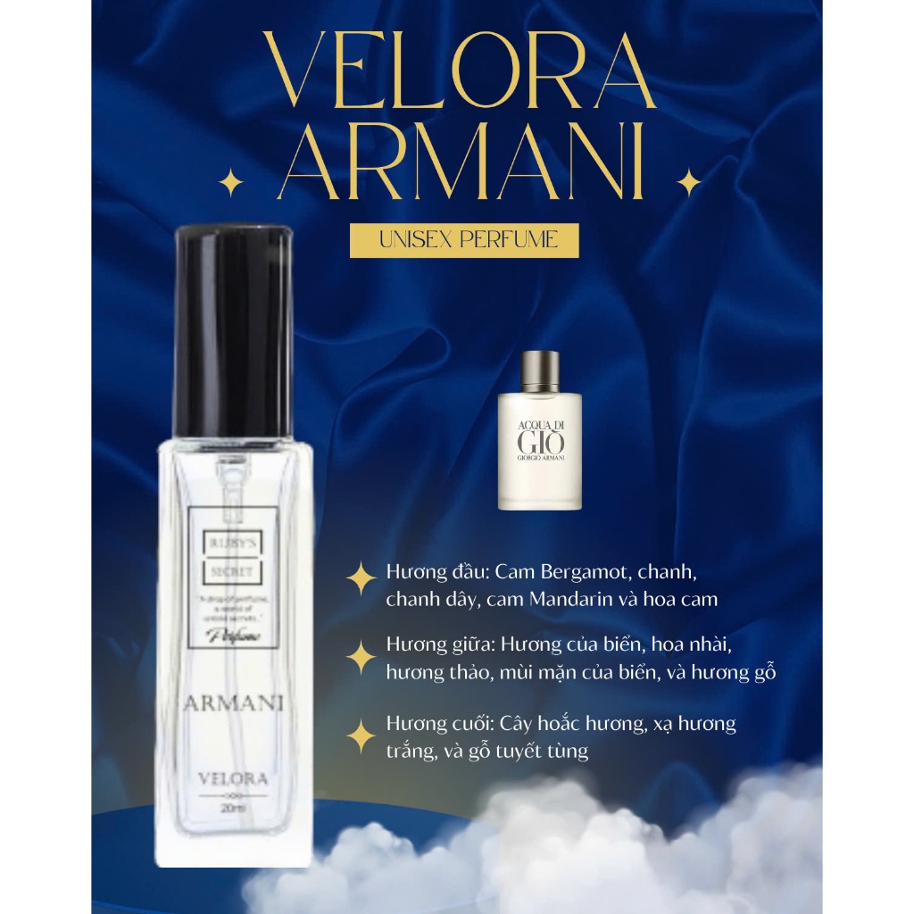 Nước hoa boby mist Ruby's Secret Velora Armani, Nước hoa chuẩn hương Gio Armani, hương tươi mát