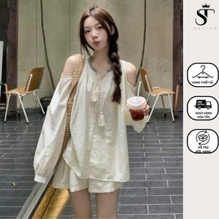  Set áo tơ  dài tay hở vai sang chảnh +quần short ống rộng phong cách nhẹ nhàng - ST Design - S09 