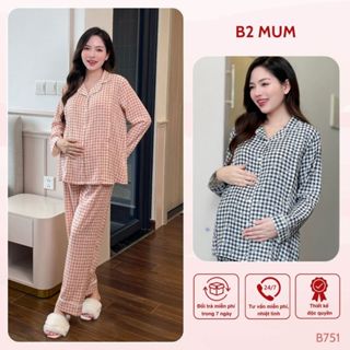 Bộ pijama bầu và sau sinh dài tay chất đũi lạnh cao cấp, mềm mại thoáng mát cho con ti tiện lợi - B751 B2MUM