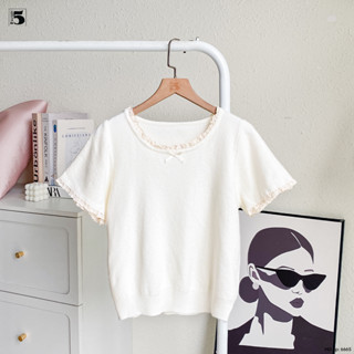 Áo len mongtoghi nữ Twentyfive ngắn tay, phối viền ren đính nơ cổ 6665