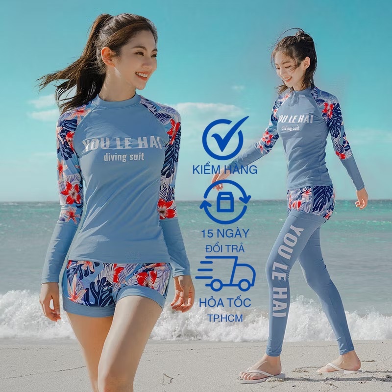 [Mua Kèm Quà Tặng] Đồ bơi kín đáo nữ chống nắng phong cách Hàn Quốc xanh biển hoa | BigBuy360 - bigbuy360.vn