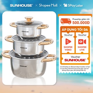 Bộ nồi inox 5 đáy Sunhouse SH781 - gồm 3 nồi với đường kính 16cm-20cm-24cm - Đáy từ dùng mọi loại bếp - 5 lớp đáy