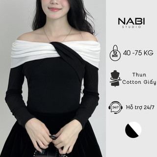  Áo Thun Cotton Giấy Trễ Vai Tay Dài Xoắn Ngực Phối Trắng Tiểu Thư BigSize Áo Trễ Vai Form Ôm Nabi 369 