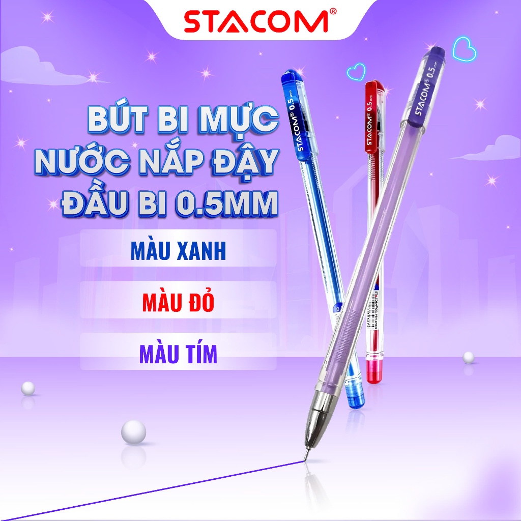 [Giảm SỐC] Combo 2/6/10 cây bút bi mực nước 0.5mm, 03 màu xanh / đỏ / tím | Stacom GP1025